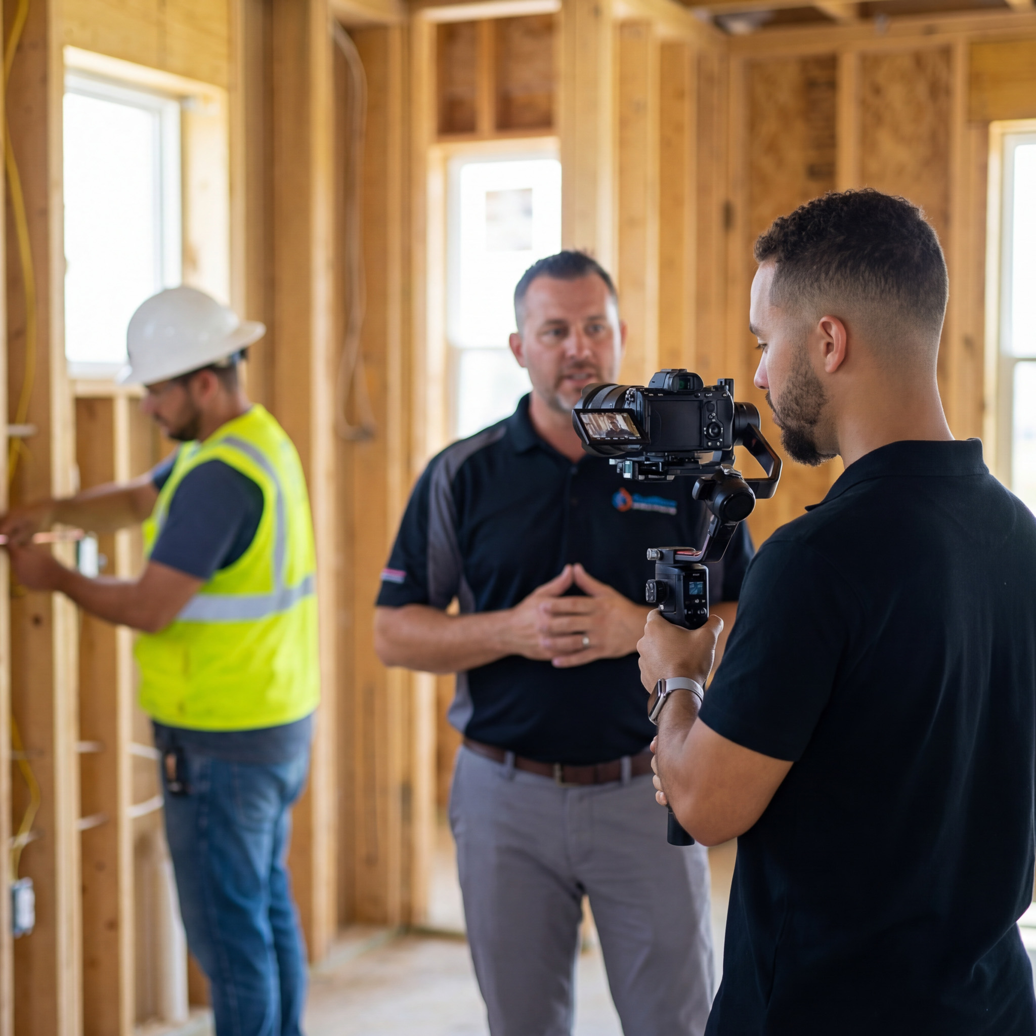 StudioCLI videographer filming a contractor on a residential job site with a camera gimbal