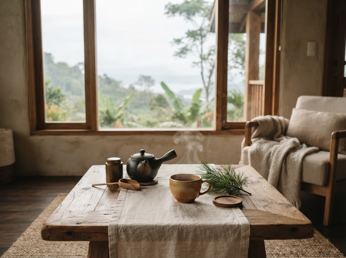 A low table with a ceramic tea set in soft morning light