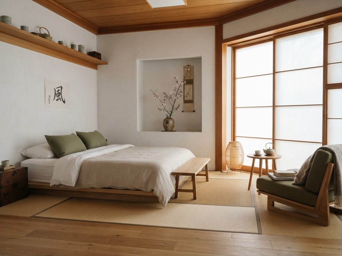 Kaze Studio — low platform bed with white linen and a reading nook