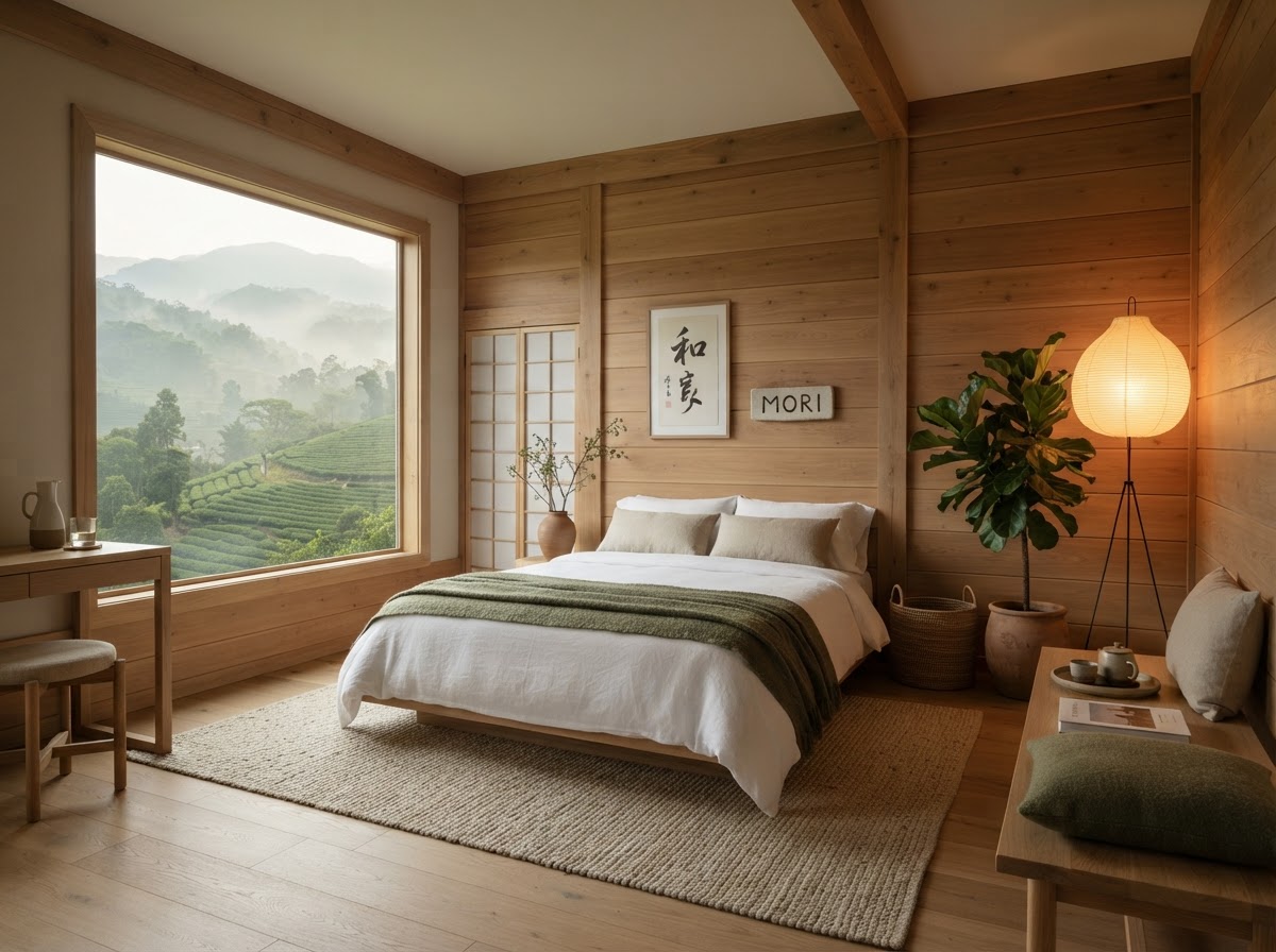 Mori Deluxe — queen bed with warm wood walls and a highland view