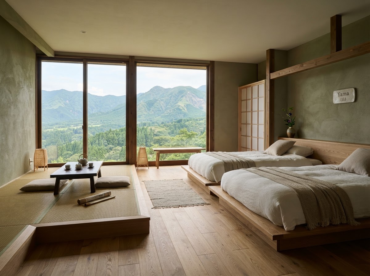 Yama Family Room — two low beds with white linen and a tatami seating area