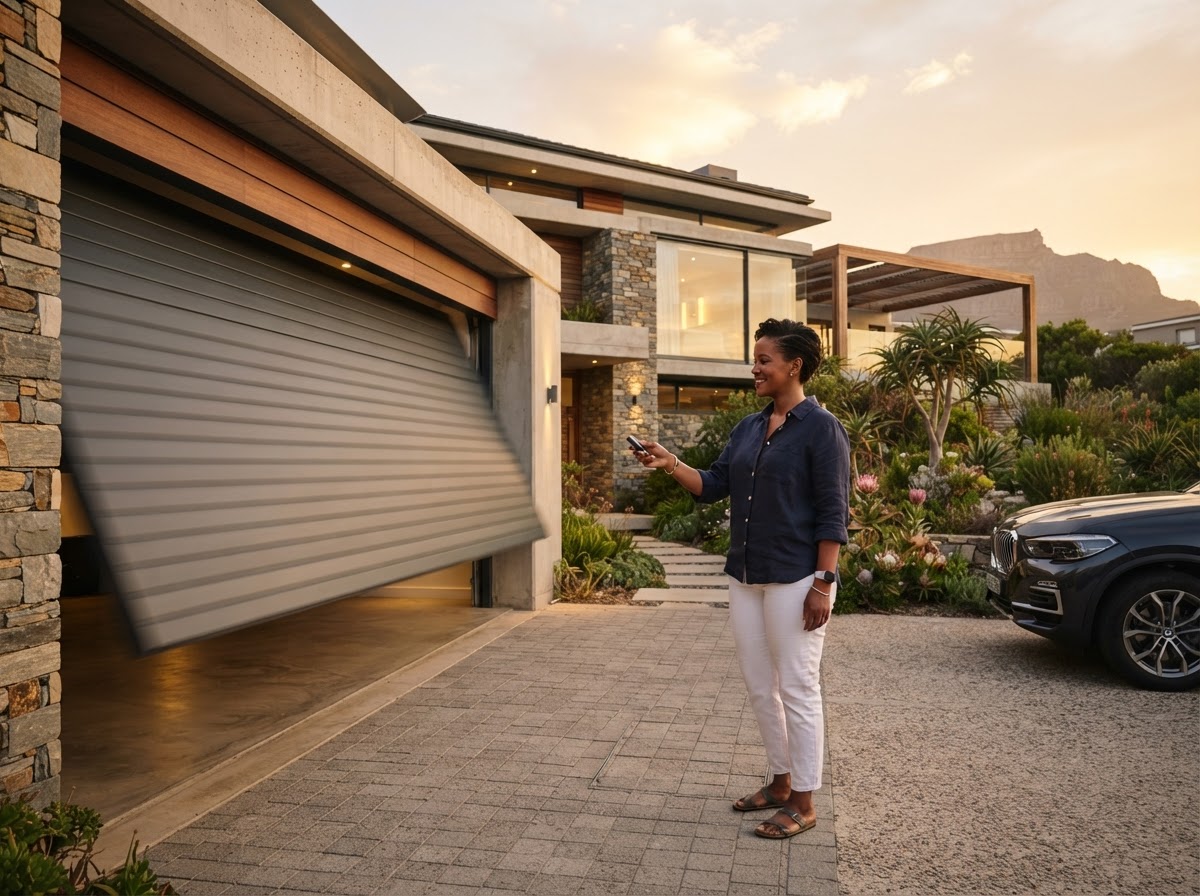 A remote control opening an automated residential garage door