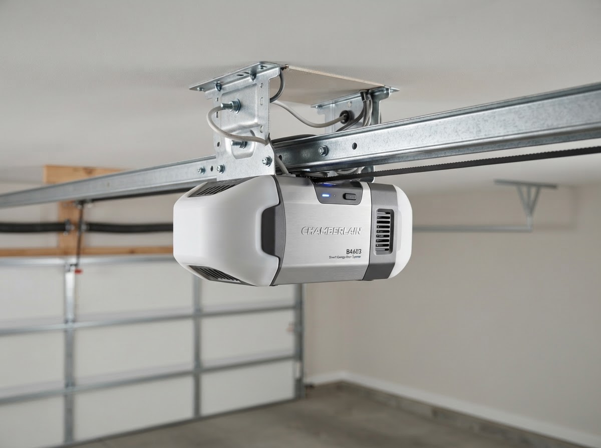 A garage door motor unit mounted on a ceiling rail
