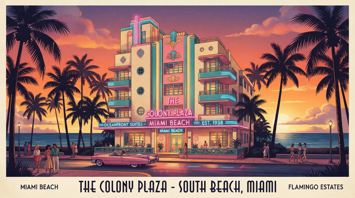 Pastel South Florida art deco condo building on the waterfront at sunset