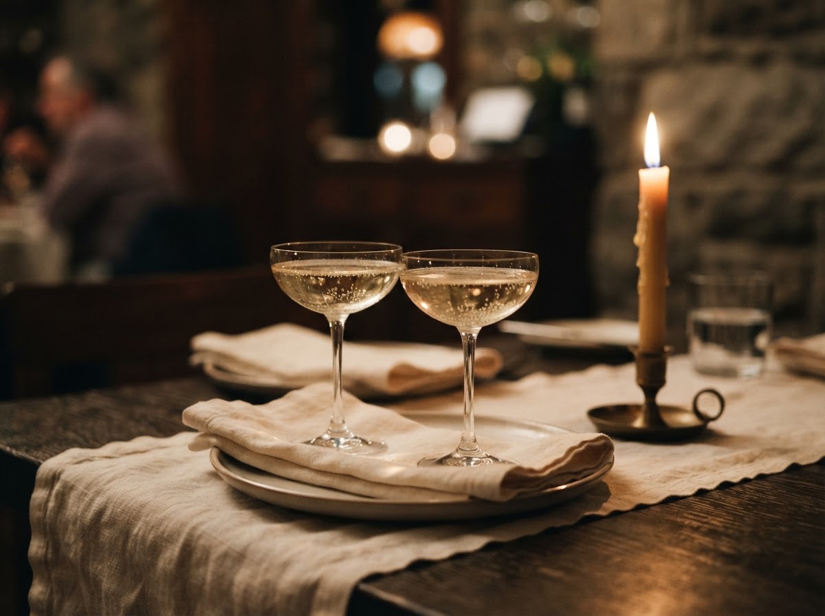 Two champagne coupes on a candlelit table