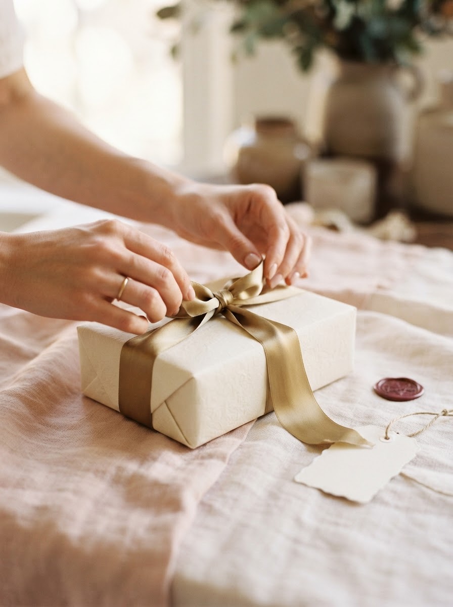 Hands tying a silk ribbon around a cream-wrapped gift with a wax seal