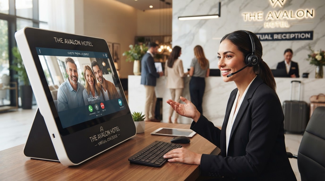 Virtuelle Rezeptionistin im Video-Anruf mit Gast