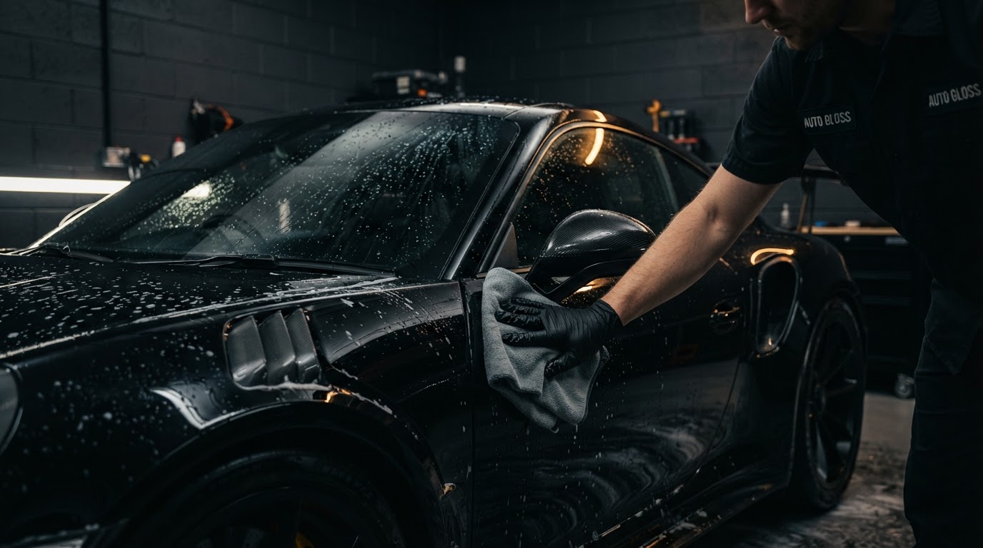 Luxury car being detailed in a dark studio