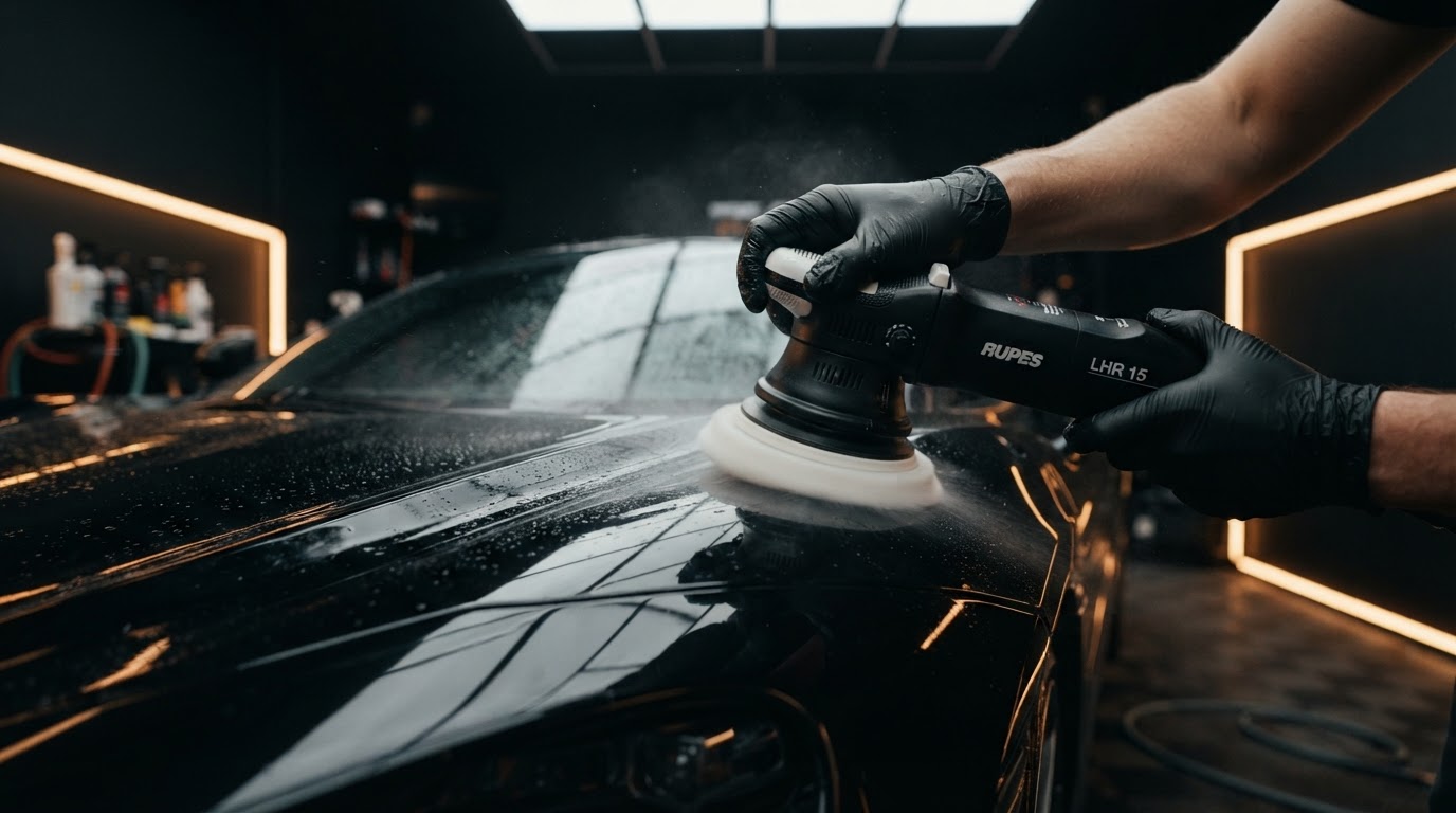 Detailer polishing a car panel with a machine polisher