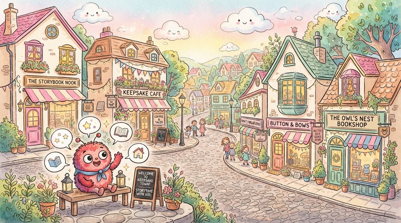 Keepsake Town — a hand-drawn watercolor storybook street with Kiki sitting on a bench, waving and telling the story