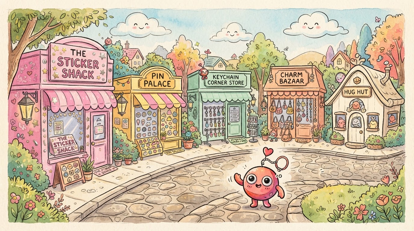 Keepsake Town — a hand-drawn watercolor storybook street with The Sticker Shack, Pin Palace, Keychain Corner Store, Charm Bazaar and Hug Hut, with Kiki waving hello