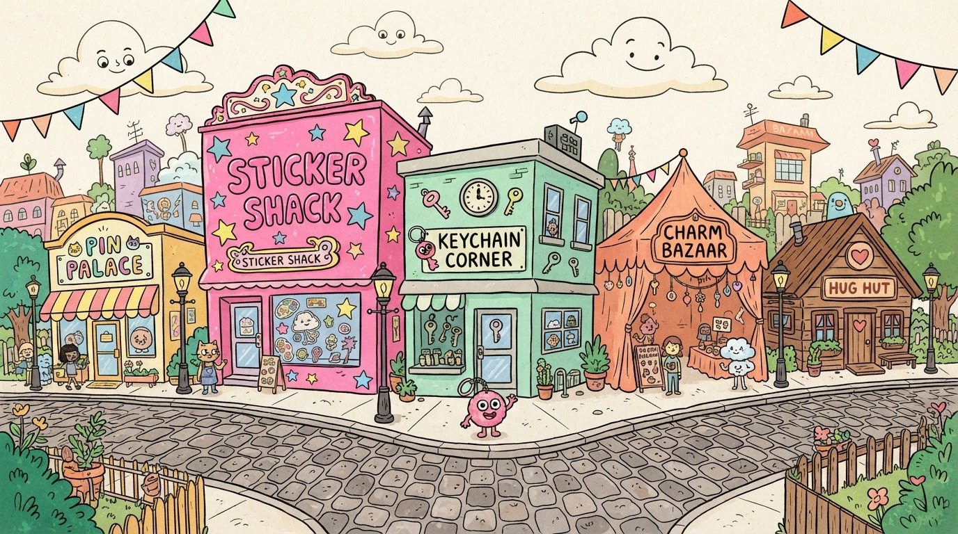 Keepsake Town โ a whimsical cartoon street of keepsake storefronts