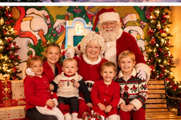 Smiling family with five children gathered around Santa and Mrs. Claus
