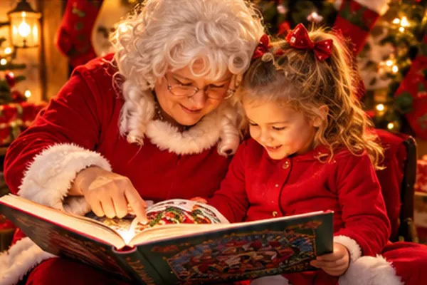 Mrs. Claus reading an enchanting illuminated Christmas storybook with a young girl
