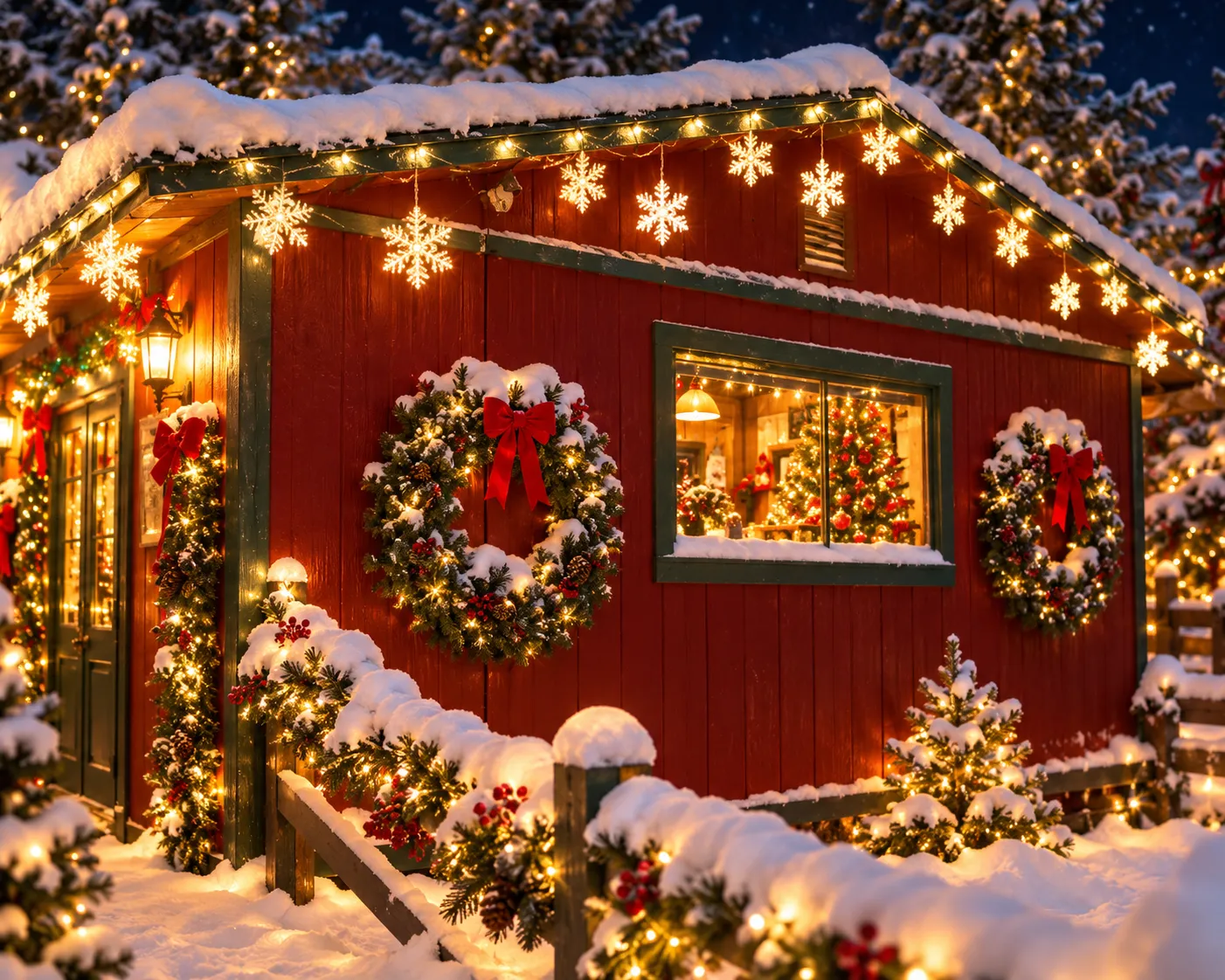 Charming red holiday cabin with lighted snowflake eaves, evergreen wreaths, and falling snow
