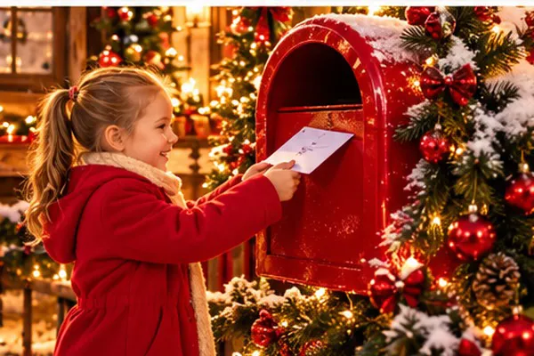 Young girl mailing her letter to Santa in the illuminated North Pole mailbox