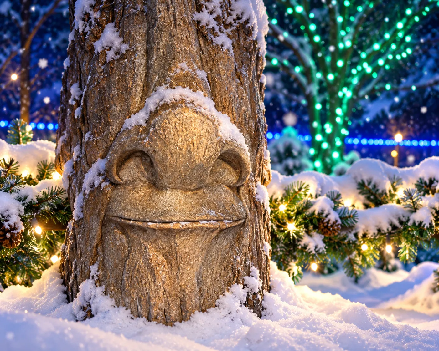 Whimsical smiling carved face on snow-dusted tree trunk surrounded by colorful holiday lights