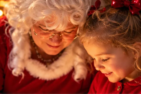 Warm close-up of Mrs. Claus sharing a sweet holiday moment with a little girl