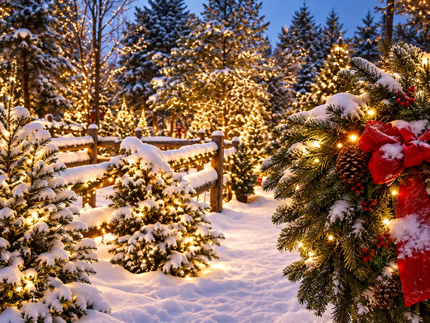 Close-up of pinecone and ribbon holiday wreath beside twinkling snow-covered tree lot fences