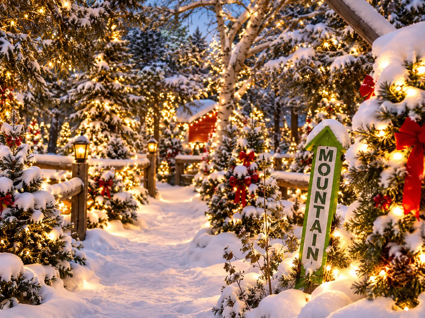 Painted Tree Town Wonderland wooden sign mounted on snow-laden tree branch in golden evening sun