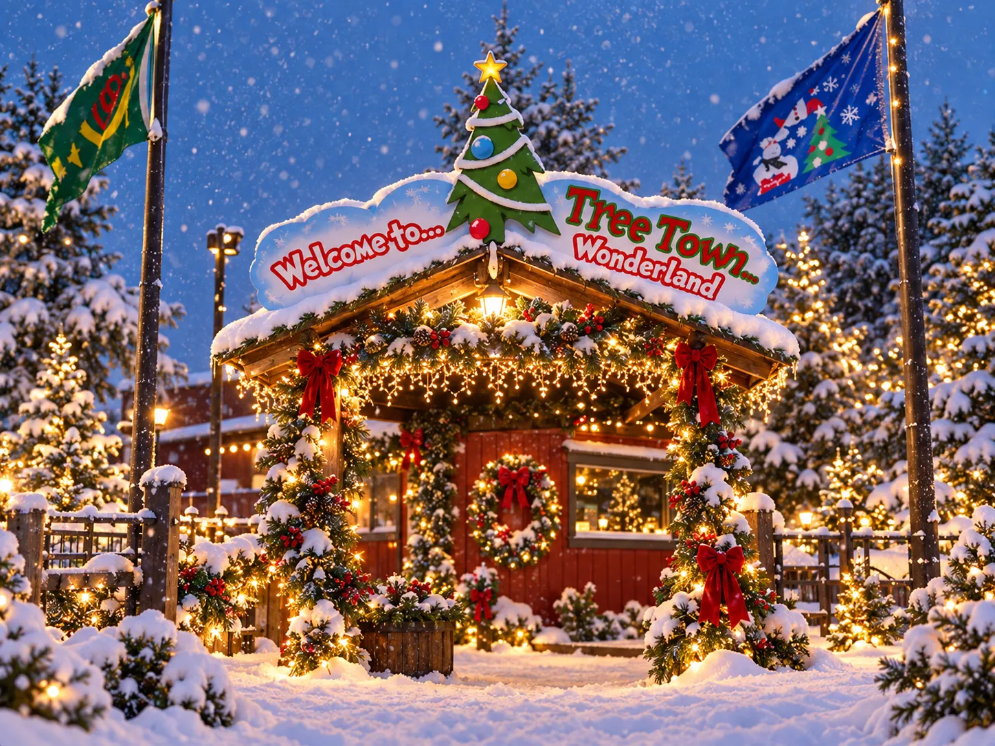 Illuminated Welcome to Tree Town Wonderland timber entrance arch with garlands and falling snow