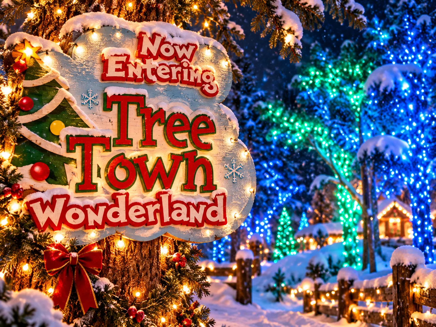 Now Entering Tree Town Wonderland illuminated sign in snow with glowing blue and green holiday trees