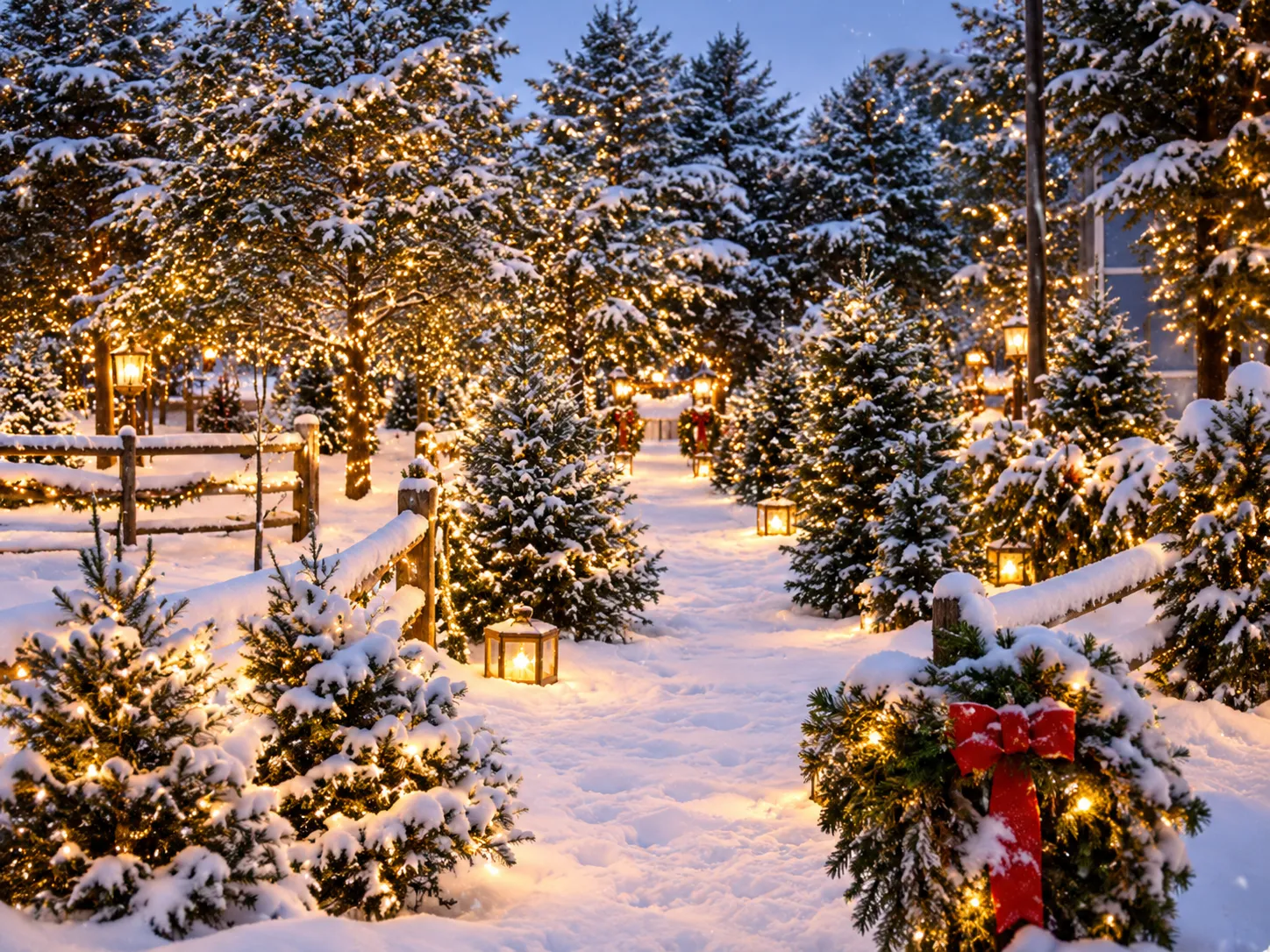 Cozy snow-dusted walkway glowing with lanterns, illuminated trees, and evergreen wreaths with red bows