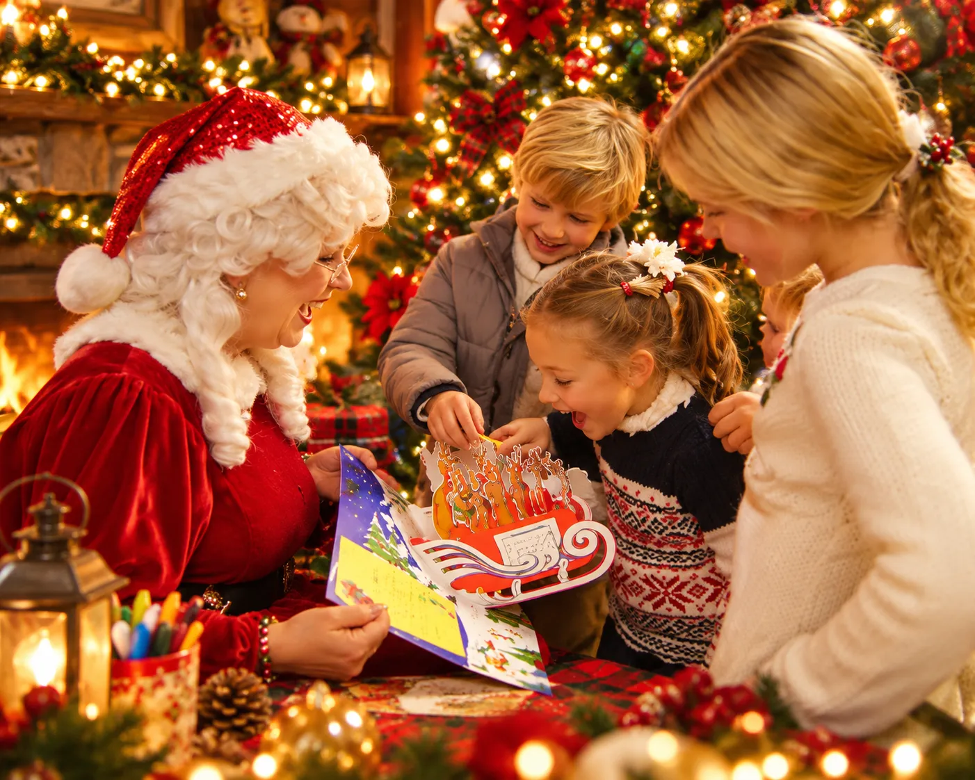 Children laughing and admiring Mrs. Claus's 3D pop-up Santa sleigh storybook