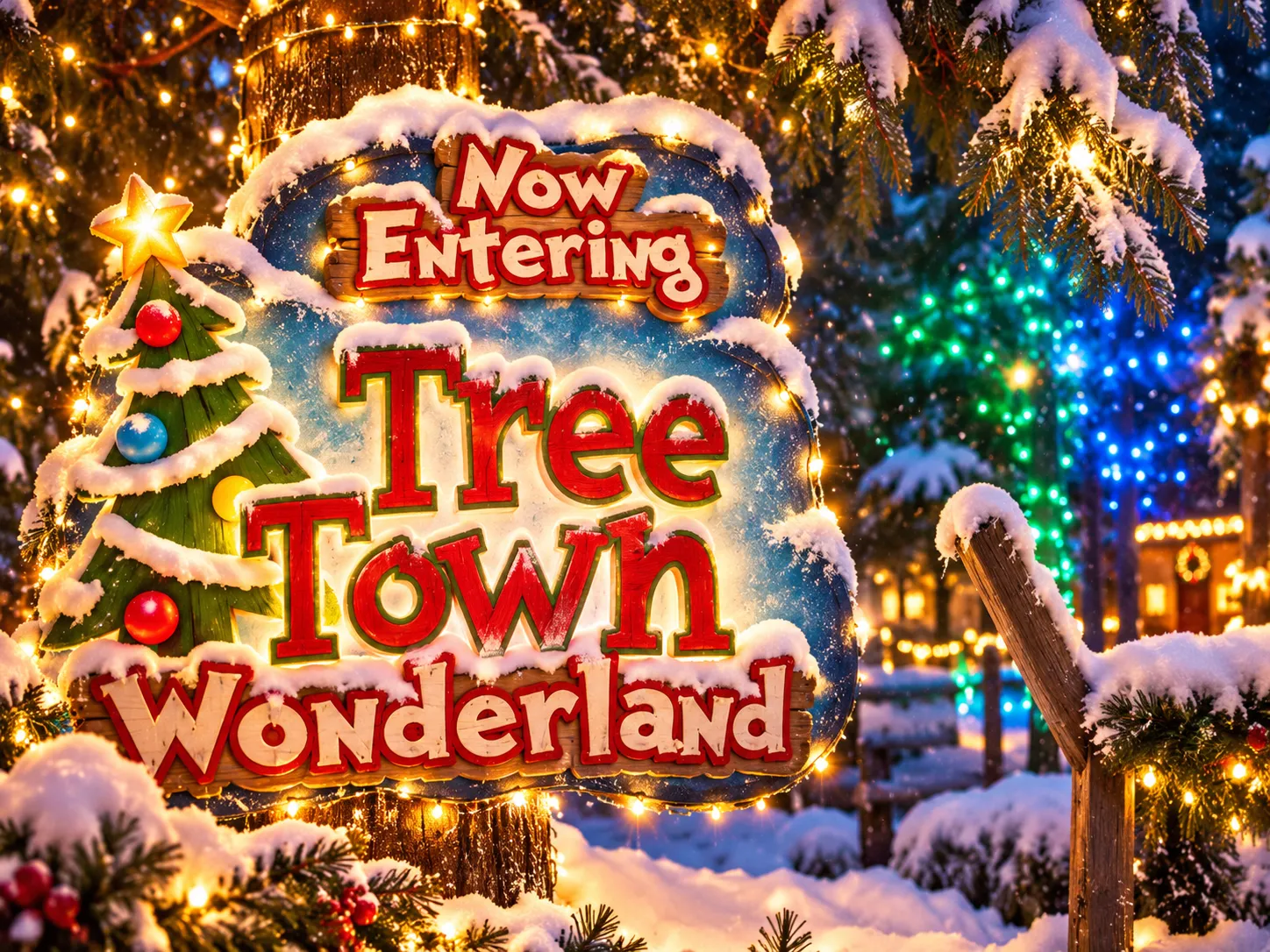 Close-up of the illuminated Tree Town Wonderland entrance sign with golden star and snow caps