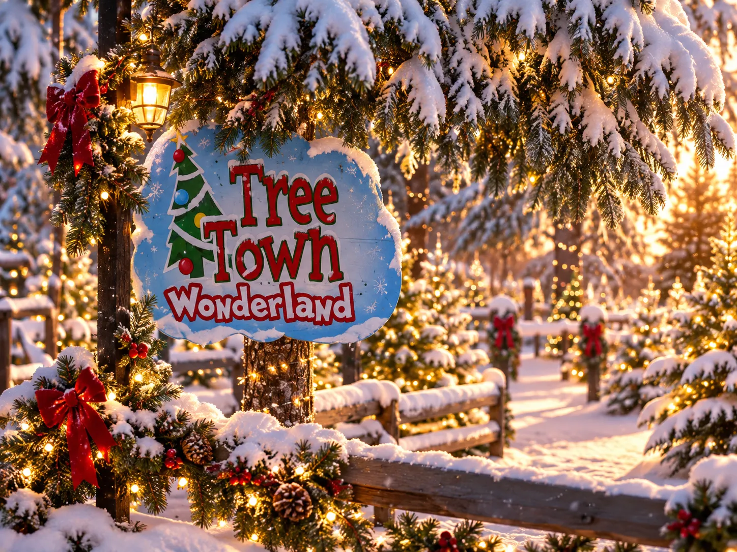 Snowy pine lane with holiday lights and green mountain directional sign at Tree Town Wonderland