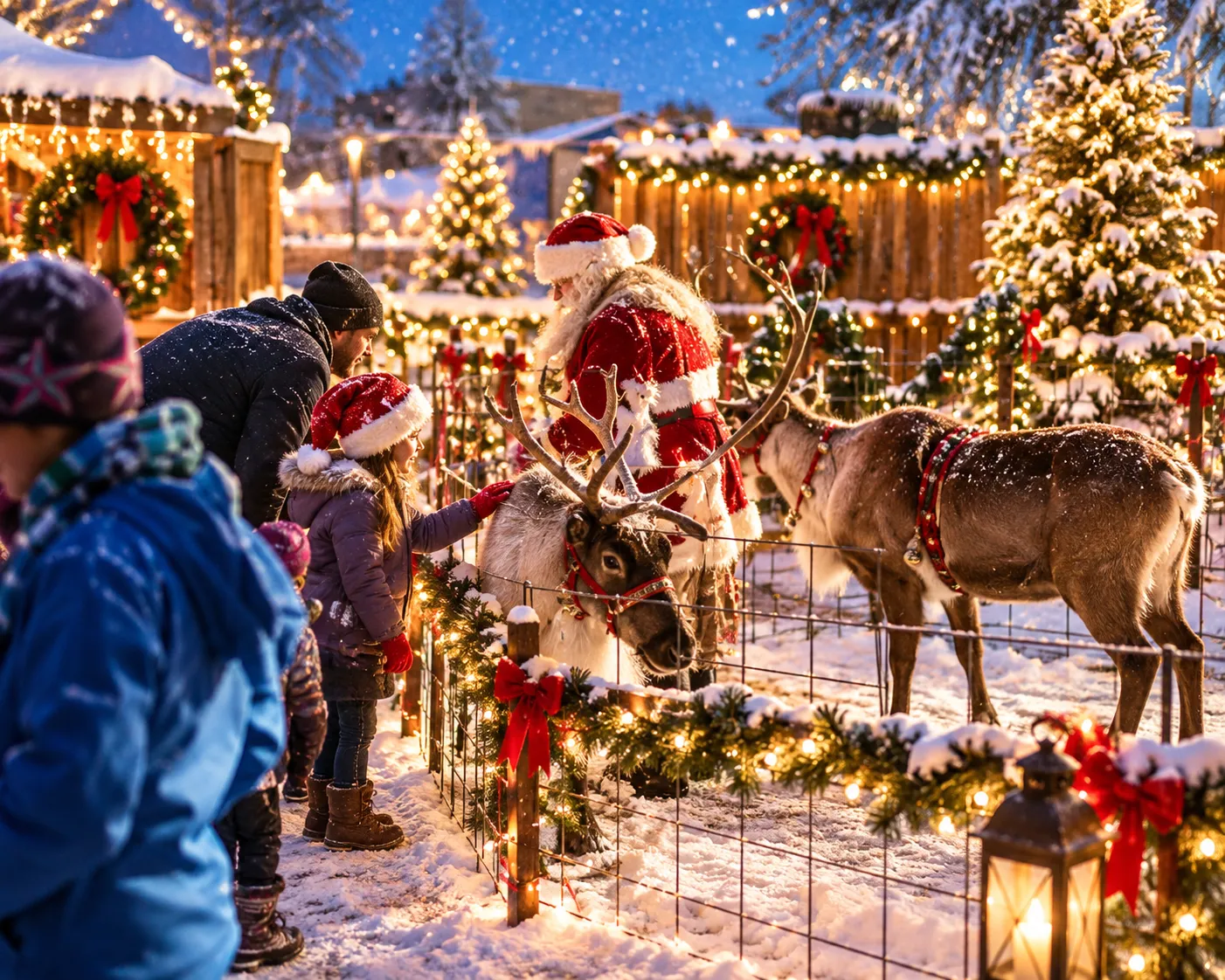Santa Claus and family petting real reindeer in the snow under twinkling holiday lights