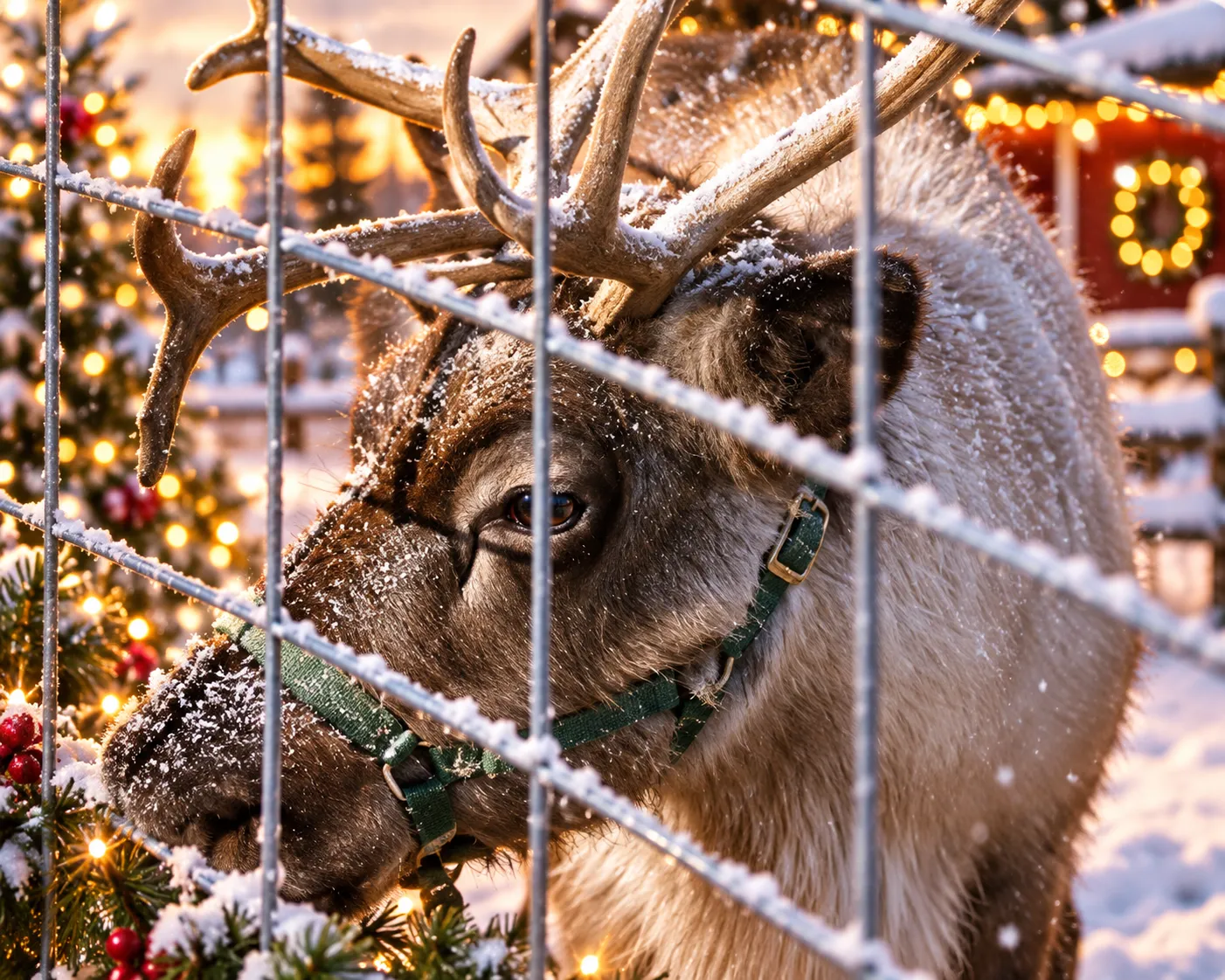 Curious reindeer behind snow-dusted wire fence beside illuminated holiday trees