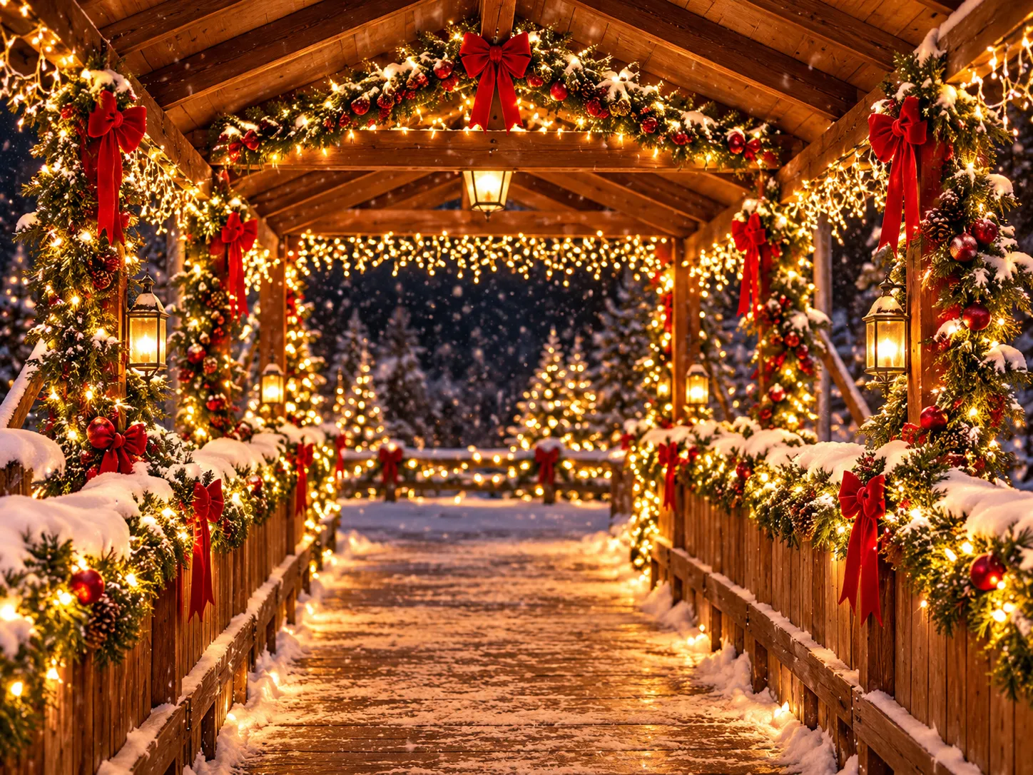 Wooden covered bridge canopy aglow with golden fairy lights, red bows, and lanterns in falling snow