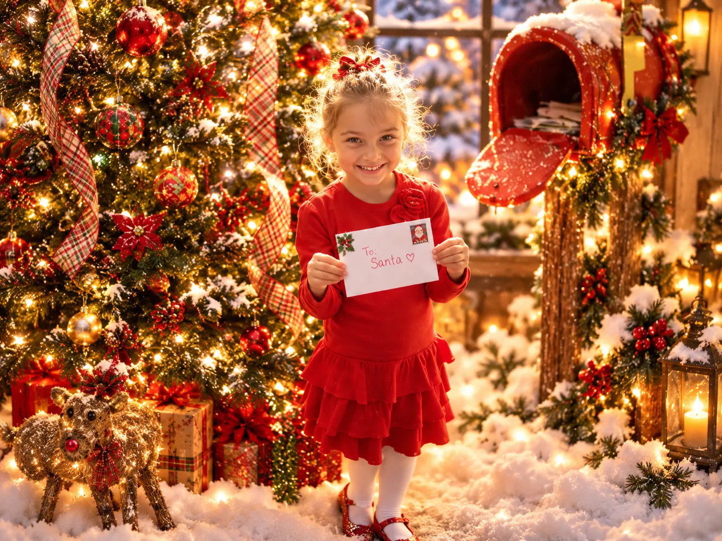 Little girl in red dress proudly holding her envelope To: Santa in front of the illuminated North Pole mailbox