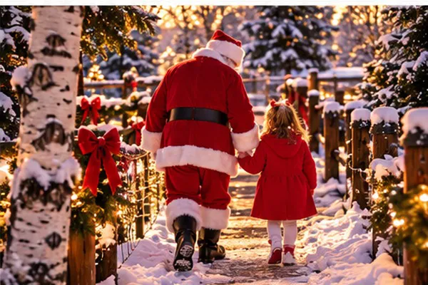 Santa Claus holding hands with a little girl walking along a snow-covered holiday light trail