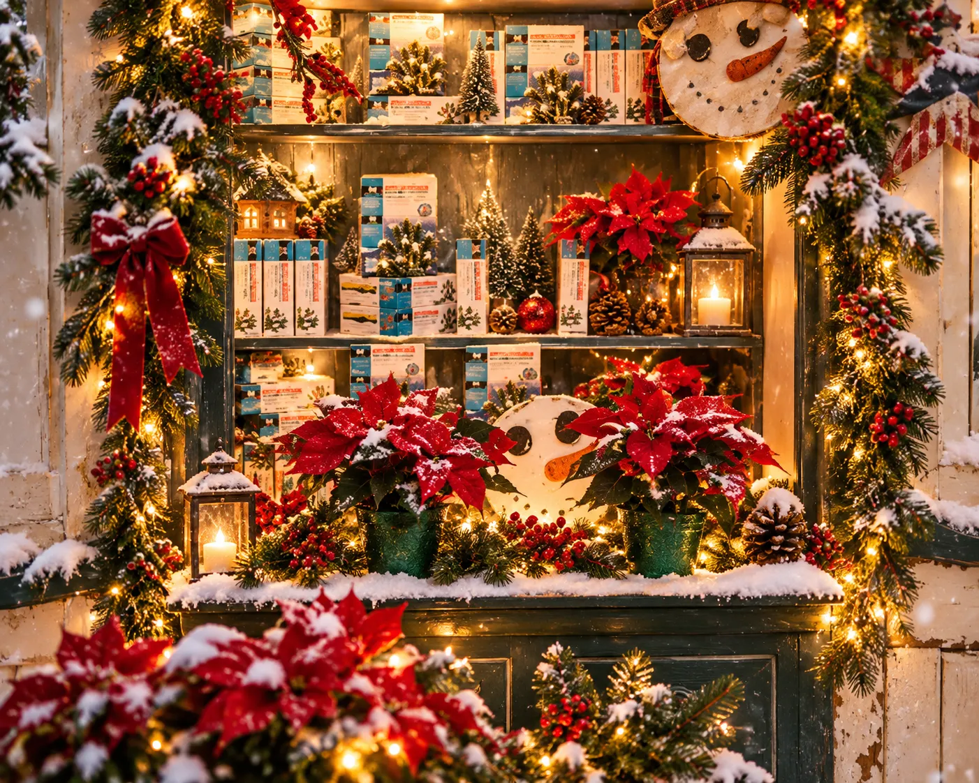 Festive holiday display with red poinsettias, snowmen, glowing candles, and evergreen garlands