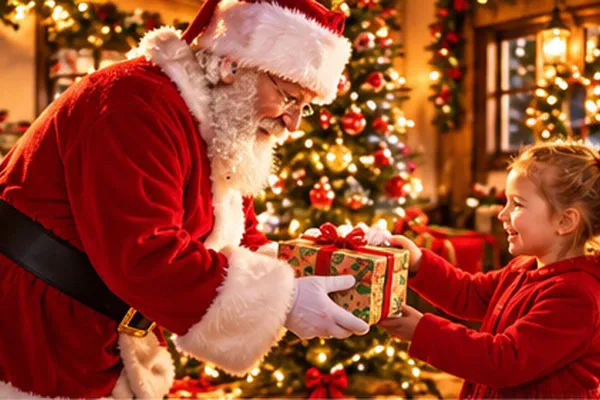 Santa Claus handing a wrapped holiday present to a smiling little girl by the Christmas tree