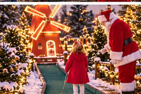 Little girl putting on the holiday mini-golf green with Santa Claus beside glowing windmill