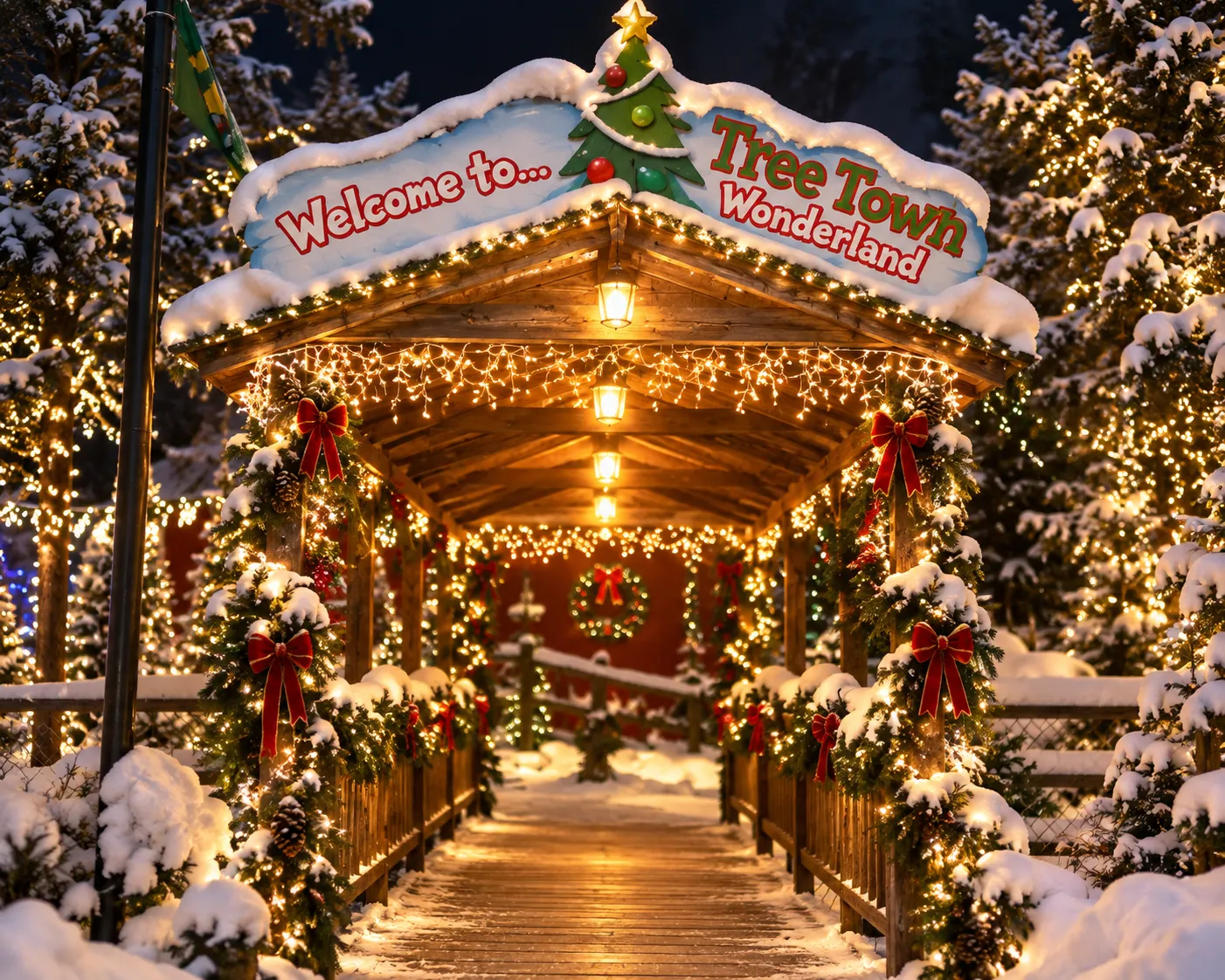 Grand Welcome to Tree Town Wonderland timber entrance bridge aglow with golden lights and fresh snow