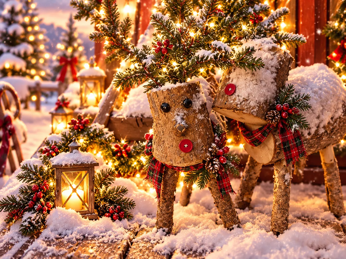Handcrafted rustic wooden log reindeer with red button noses and plaid scarves in the snow