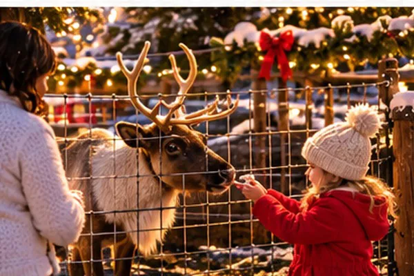 Little girl in red winter coat feeding a reindeer by the festive lighted fence