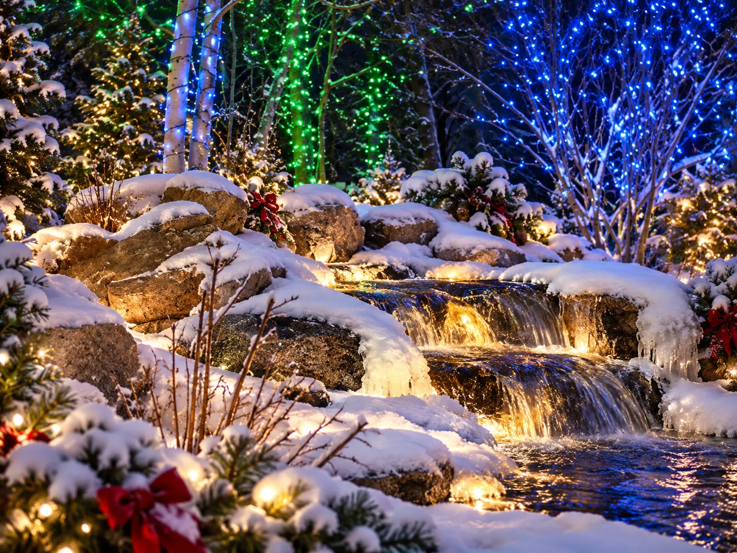 Snowy winter waterfall illuminated by glowing blue, green, and golden holiday trees