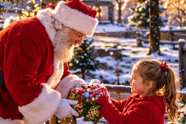Santa Claus presenting a festive candy box to a smiling child in the snowy wonderland