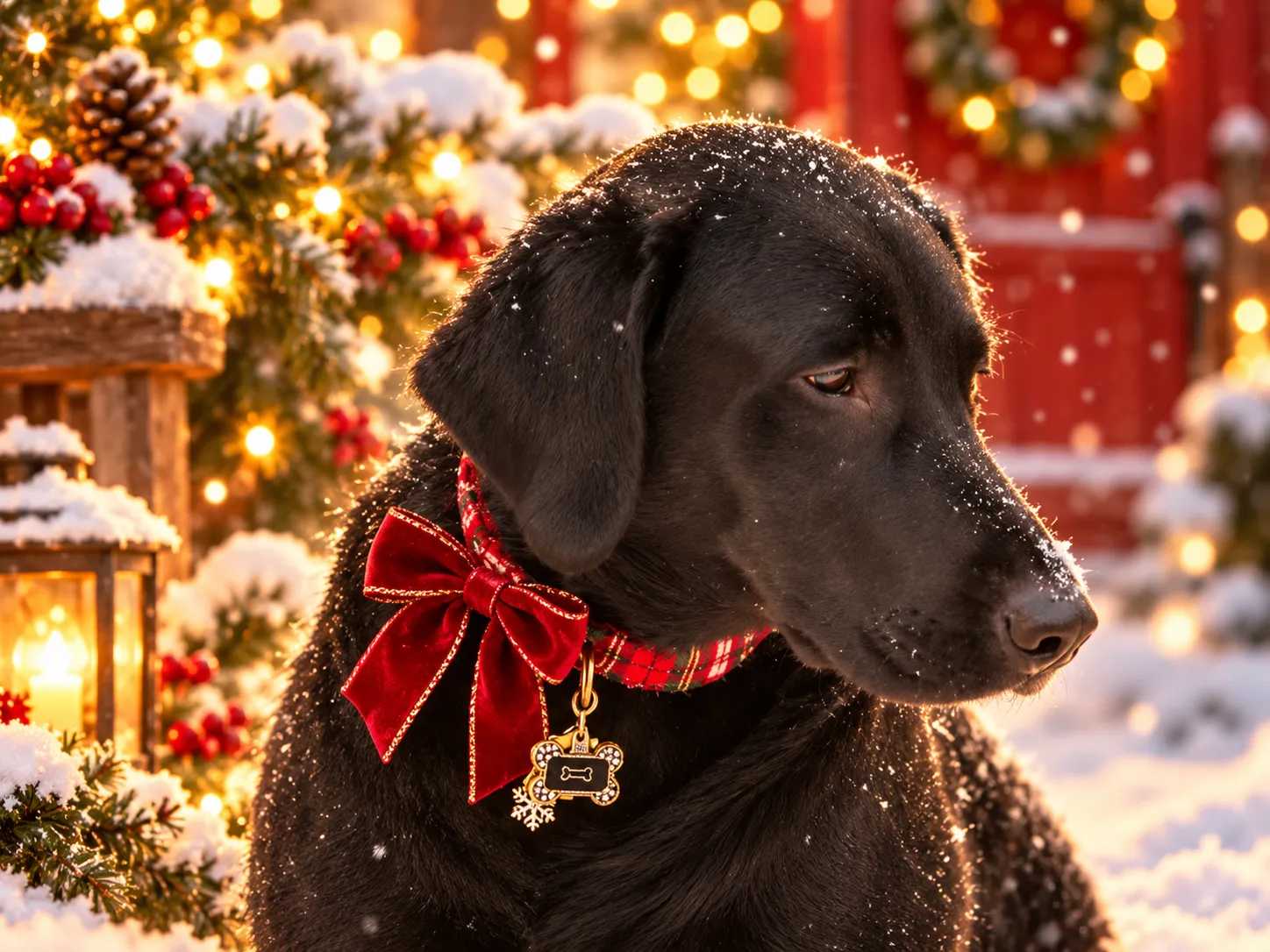 Black lab with festive red velvet bow and snowflake collar tag in the falling snow