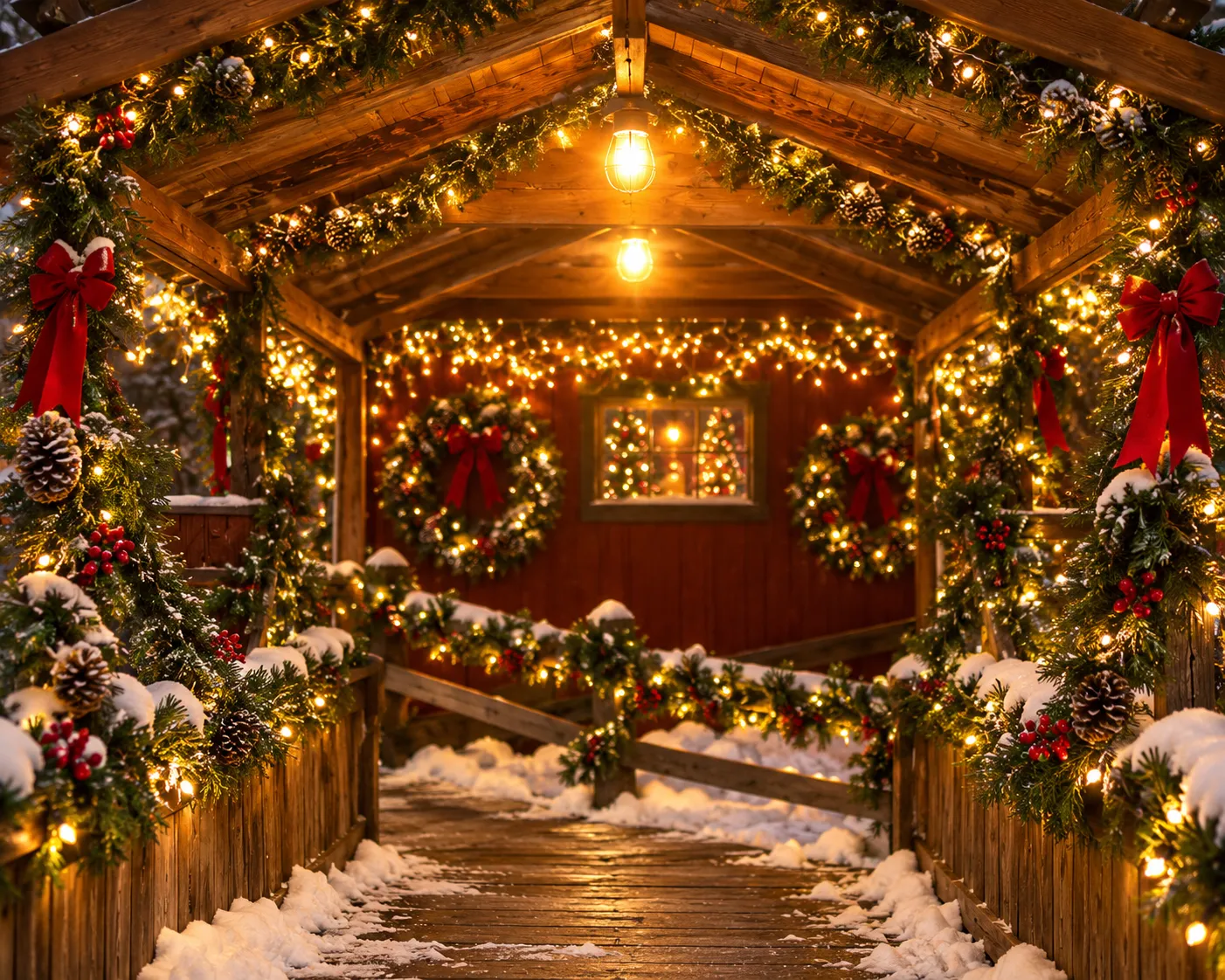 Warm wooden covered bridge decorated with twinkling fairy lights, pine garland, and red ribbons
