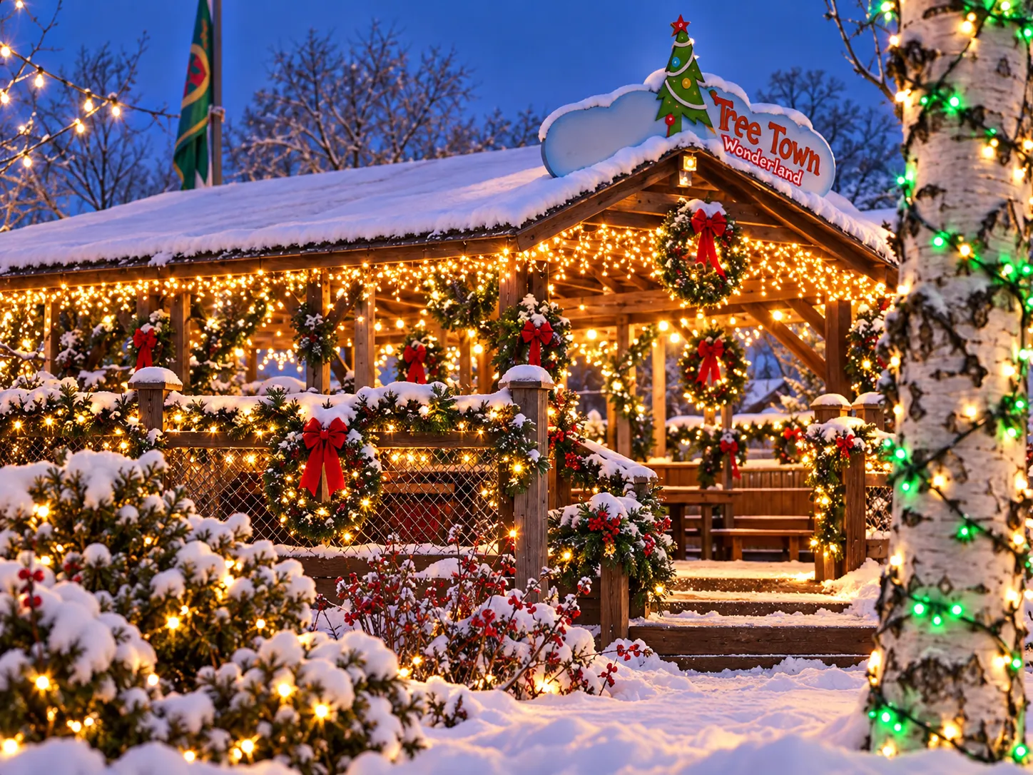 Tree Town Wonderland illuminated rustic lodge decorated with holiday lights and wreaths