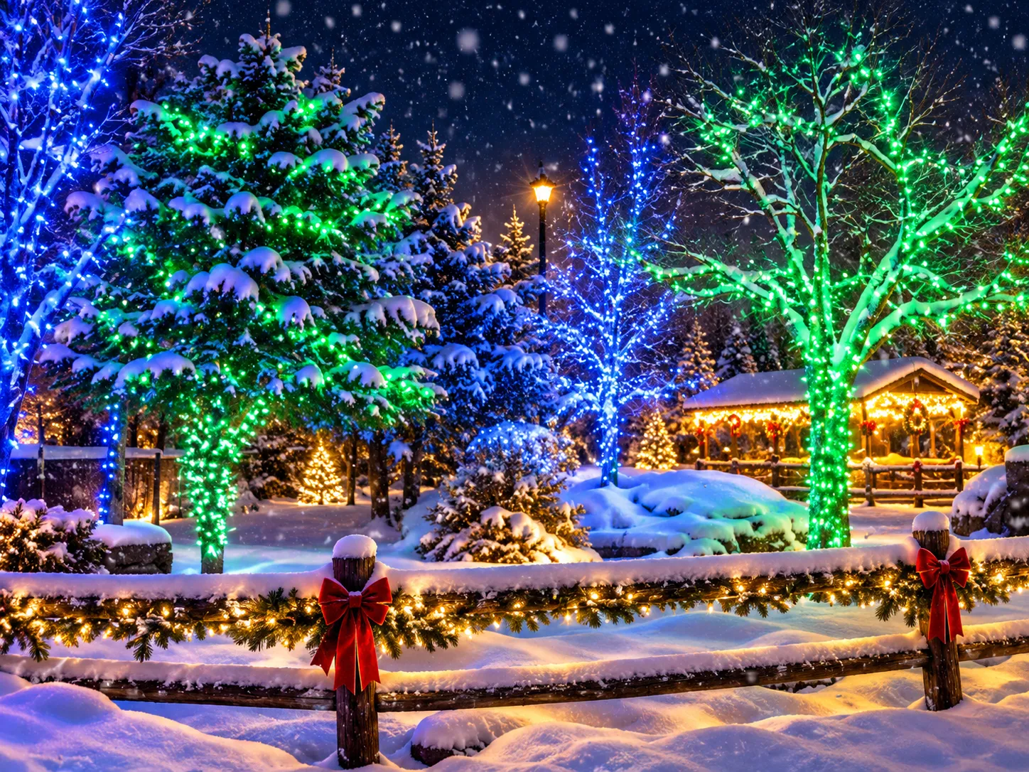 Vibrant blue and green lighted trees with snow-covered split-rail fence and warm glowing gazebo
