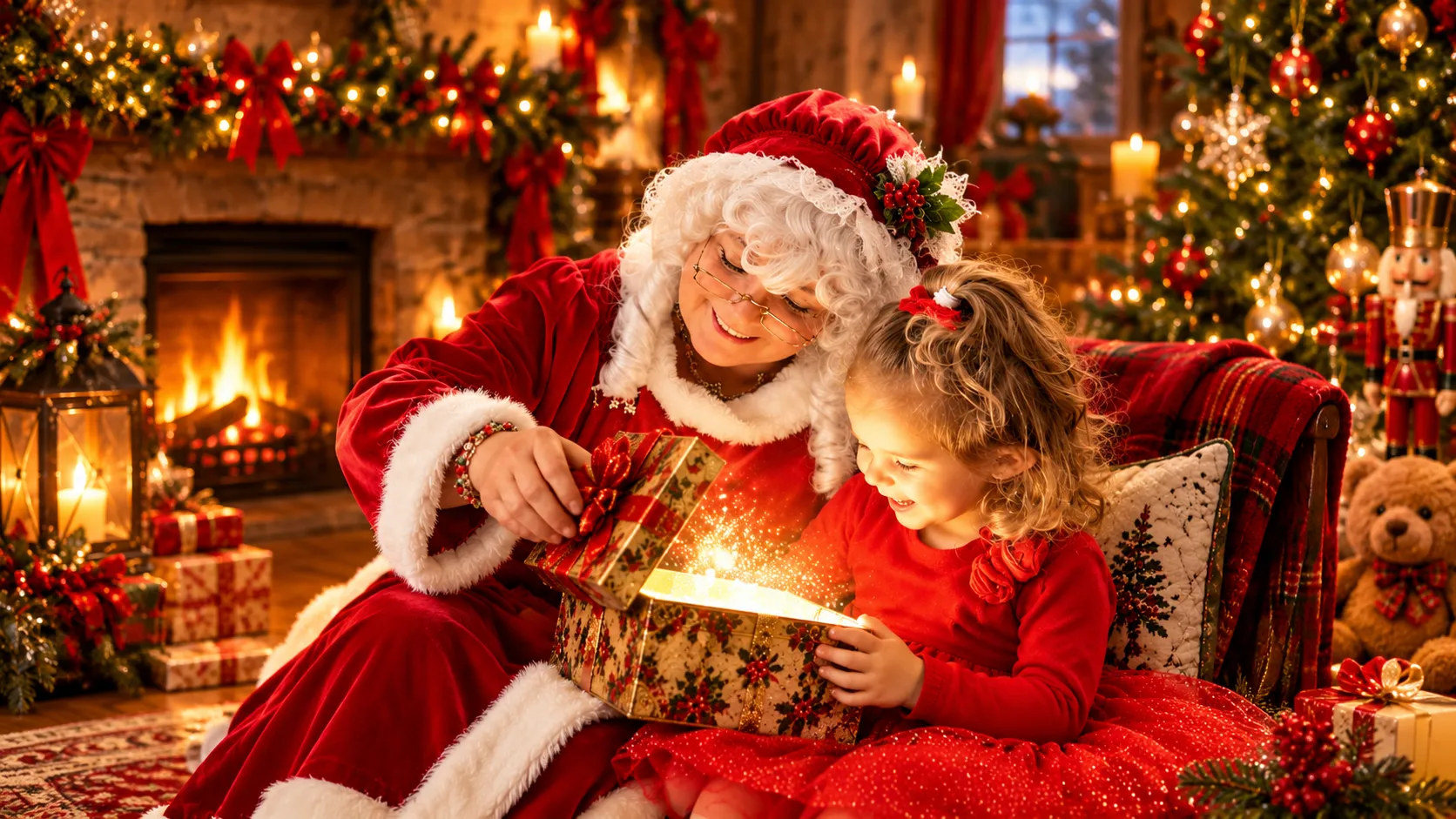 Mrs. Claus reading a holiday story to children