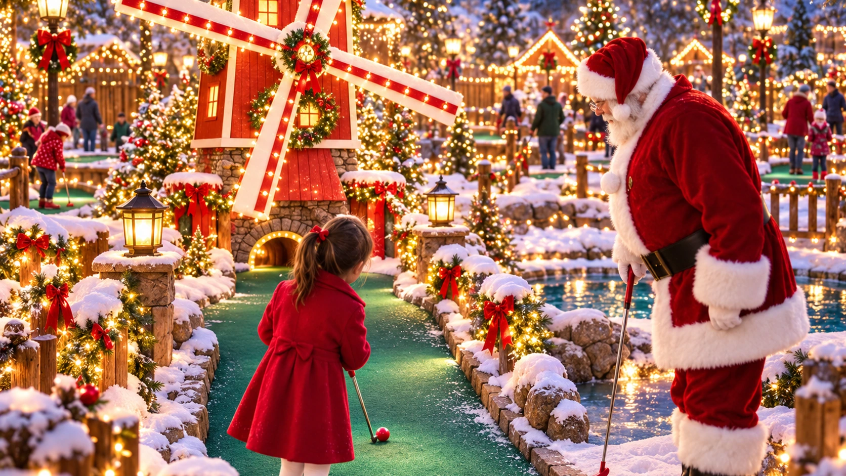 Holiday miniature golf wonderland with illuminated red windmill and snow-covered greens