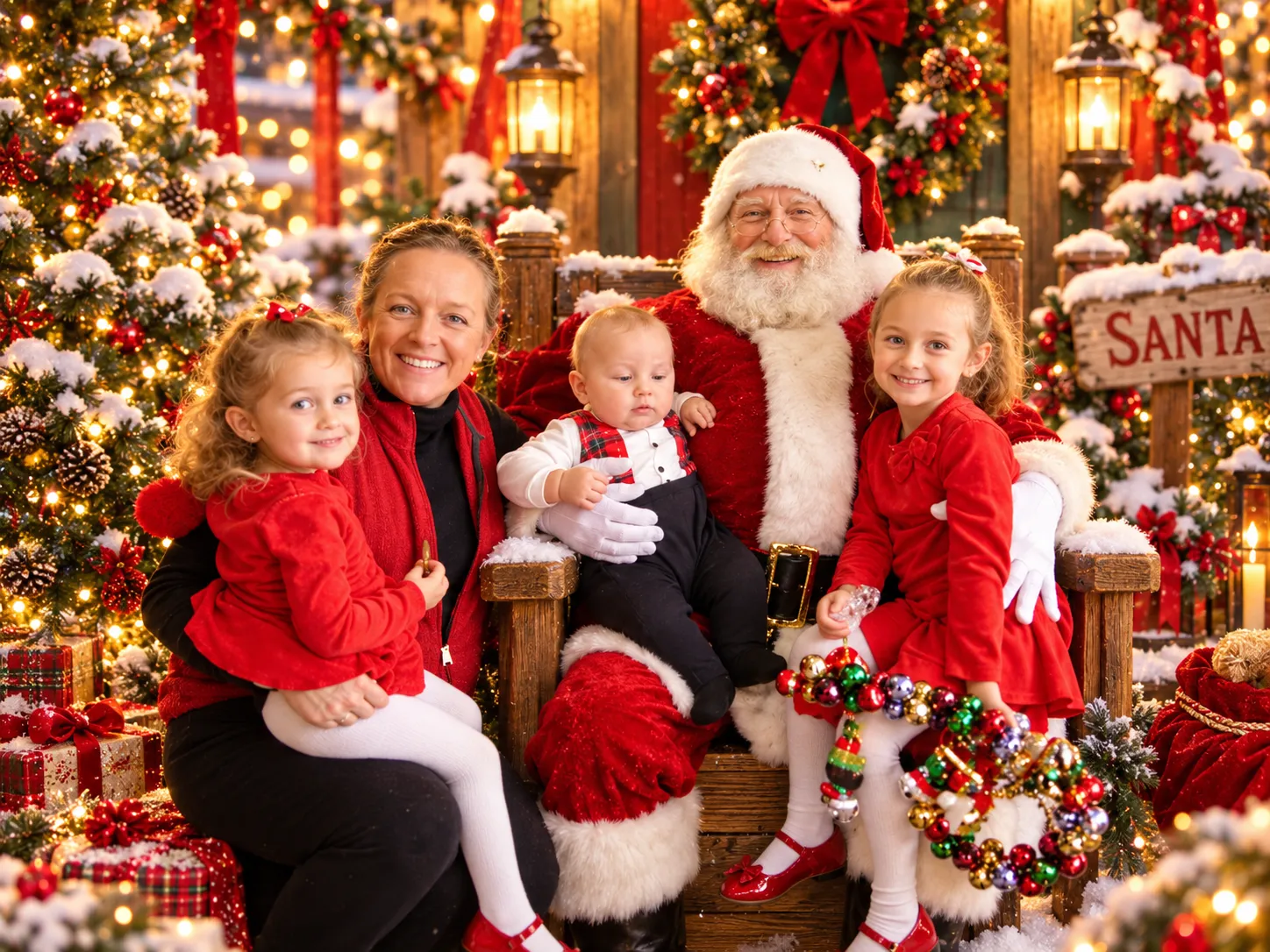 Mother and three smiling children taking a festive holiday photo with Santa in his grand armchair